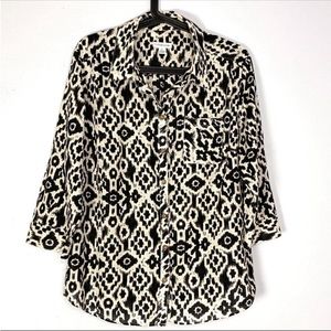 NWOT Croft & Barrow 3/4 Sleeve Button Down Top L Cream Cotton Southwestern Aztec
